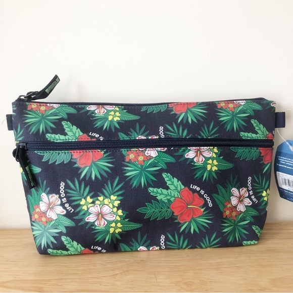 Life Is Good Blue Tropical Floral Hibiscus Pattern Carry All Travel Canvas Pouch - Picture 2 of 9
